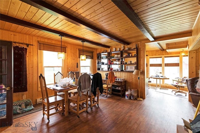 dining room featuring beam ceiling, wooden walls, an inviting chandelier, and wooden ceiling