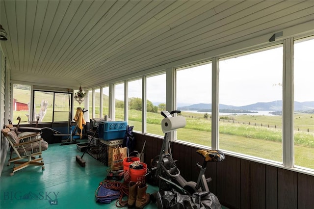 sunroom featuring a mountain view, a rural view, and a wealth of natural light