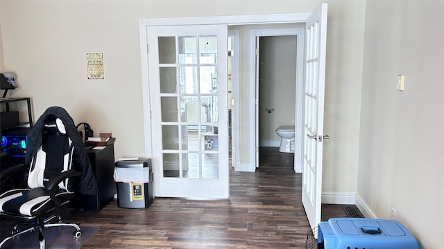 office area featuring french doors and dark hardwood / wood-style flooring