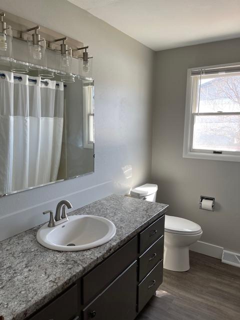 bathroom with toilet, vanity, and hardwood / wood-style flooring