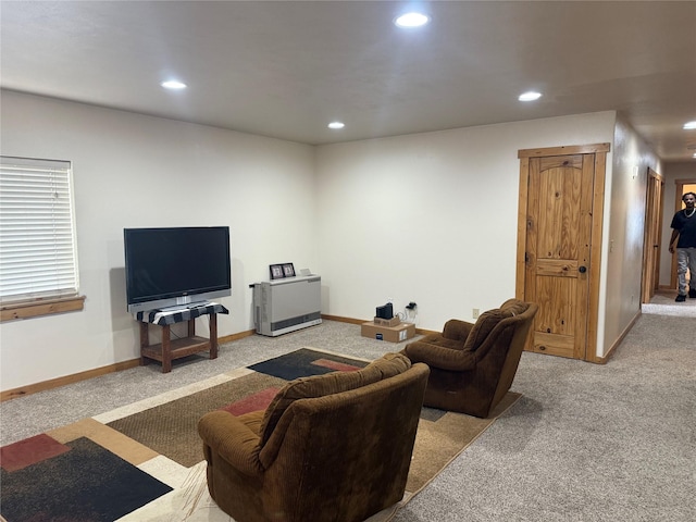 living room featuring light carpet