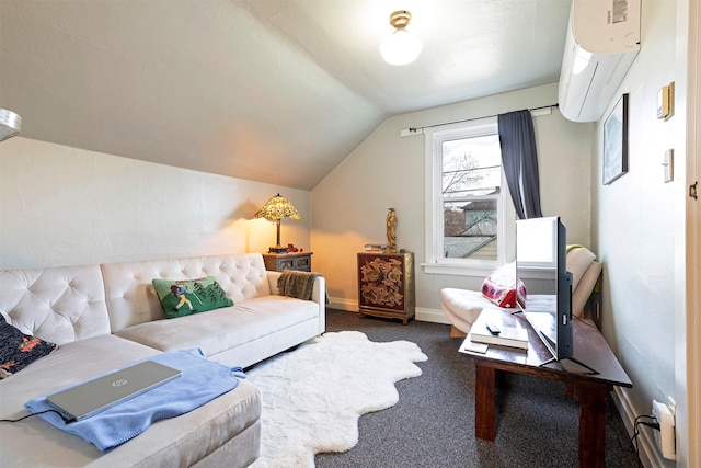 living room featuring a wall mounted AC, lofted ceiling, and dark colored carpet