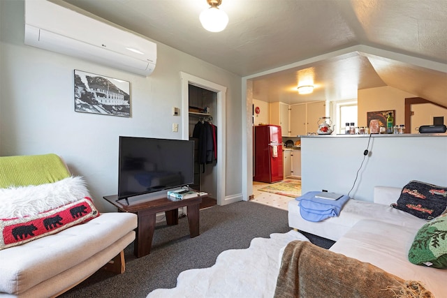 living room with a wall mounted air conditioner, light colored carpet, and vaulted ceiling