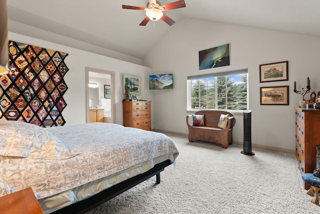 bedroom with carpet, ensuite bathroom, ceiling fan, and lofted ceiling