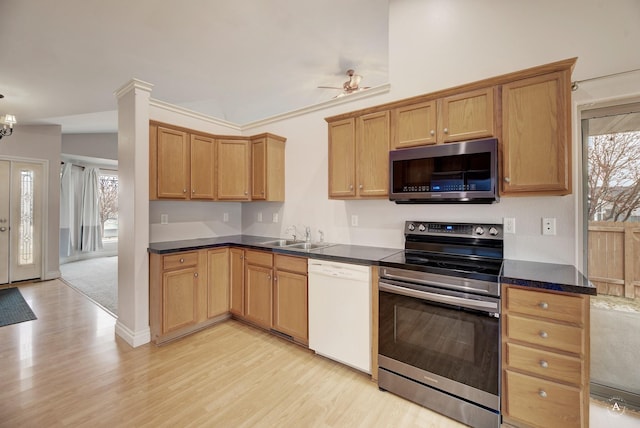 kitchen featuring appliances with stainless steel finishes, light hardwood / wood-style floors, ceiling fan with notable chandelier, and sink