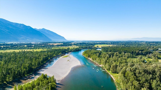 aerial view featuring a forest view and a water and mountain view