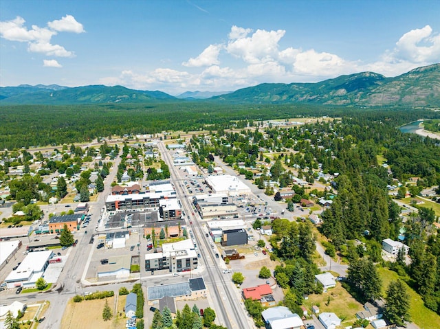 drone / aerial view featuring a mountain view