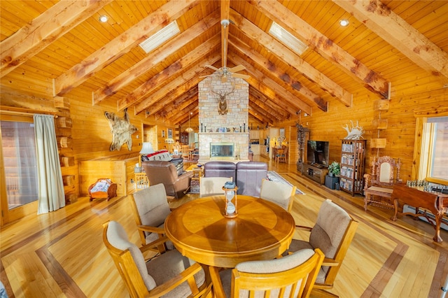 805 Georgetown Lake Rd, Anaconda, MT 59711 - dining space featuring wooden ceiling, wooden walls, a glass covered fireplace, wood finished floors, and ceiling fan