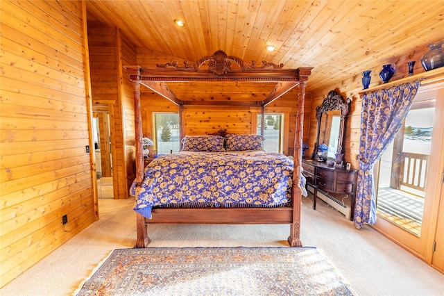 805 Georgetown Lake Rd, Anaconda, MT 59711 - bedroom with light carpet, wood walls, wood ceiling, recessed lighting, and access to exterior