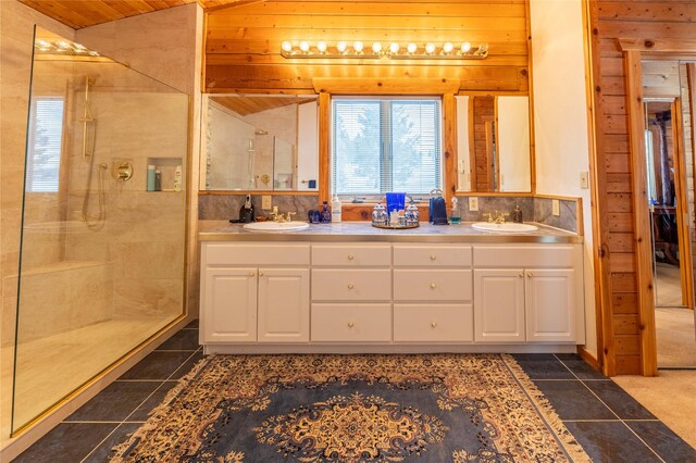 805 Georgetown Lake Rd, Anaconda, MT 59711 - bathroom with tiled shower, wood ceiling, double vanity, lofted ceiling, and wood walls