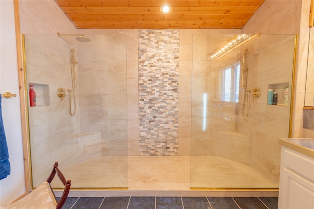 805 Georgetown Lake Rd, Anaconda, MT 59711 - full bath featuring wood ceiling, walk in shower, tile patterned floors, and vanity