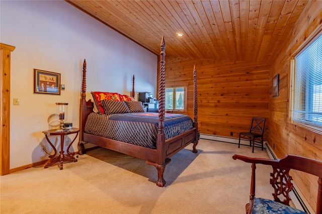 805 Georgetown Lake Rd, Anaconda, MT 59711 - bedroom with wooden walls, wooden ceiling, vaulted ceiling, carpet flooring, and a baseboard heating unit