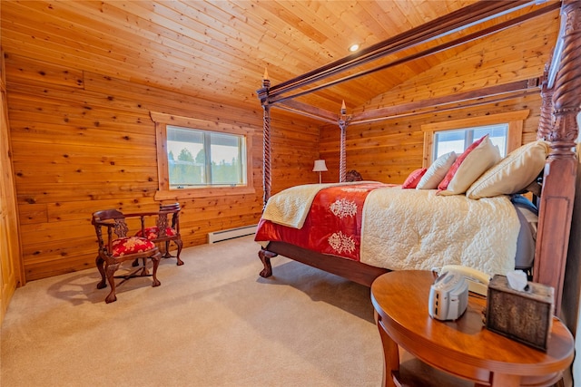805 Georgetown Lake Rd, Anaconda, MT 59711 - carpeted bedroom featuring vaulted ceiling, multiple windows, wood ceiling, a baseboard heating unit, and wooden walls