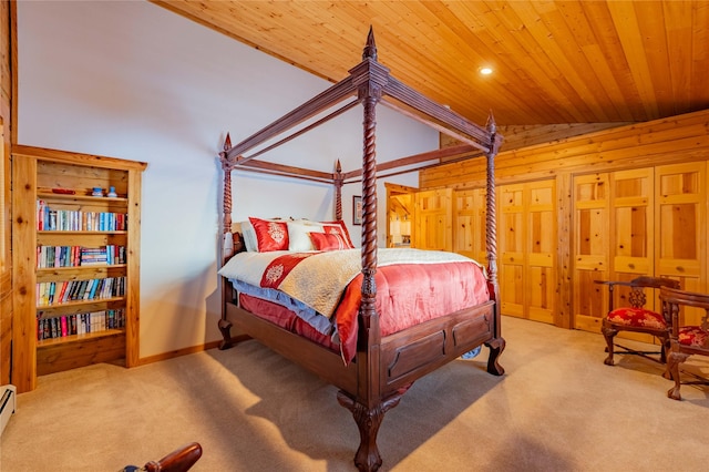 805 Georgetown Lake Rd, Anaconda, MT 59711 - carpeted bedroom with vaulted ceiling, wooden ceiling, baseboard heating, and wooden walls