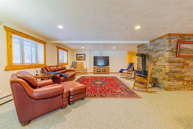 805 Georgetown Lake Rd, Anaconda, MT 59711 - carpeted living area featuring a wood stove and recessed lighting