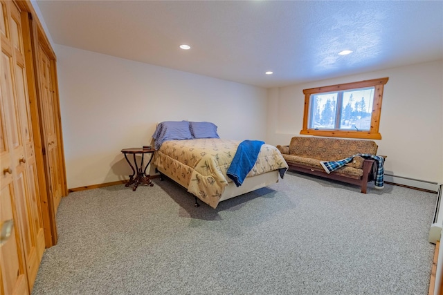 805 Georgetown Lake Rd, Anaconda, MT 59711 - bedroom with baseboard heating, recessed lighting, light carpet, and baseboards