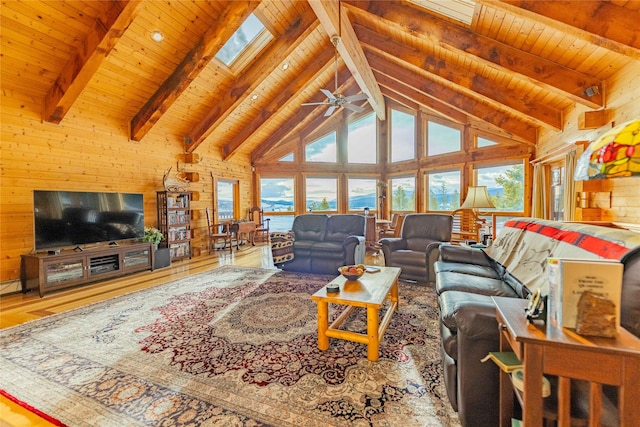 805 Georgetown Lake Rd, Anaconda, MT 59711 - living area featuring wood walls, ceiling fan, high vaulted ceiling, wooden ceiling with exposed beams, and wood finished floors