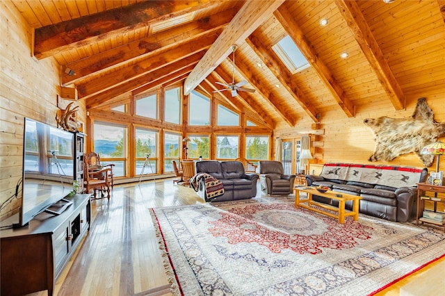 805 Georgetown Lake Rd, Anaconda, MT 59711 - living room with wood walls, wood ceiling with exposed beams, hardwood / wood-style flooring, high vaulted ceiling, and ceiling fan