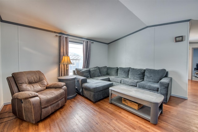 living room with light hardwood / wood-style floors and lofted ceiling