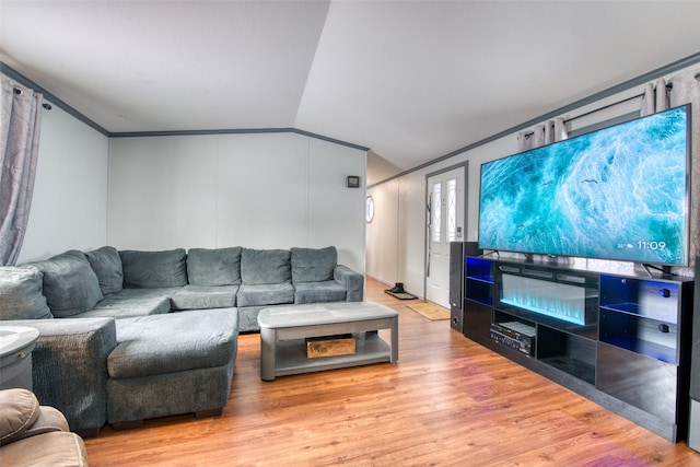 living room with vaulted ceiling and light hardwood / wood-style flooring