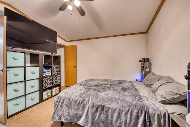 bedroom with ceiling fan, carpet, and ornamental molding