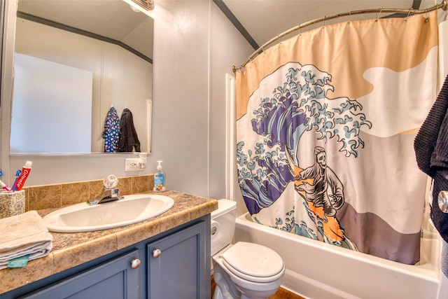 full bathroom featuring toilet, vanity, and shower / bathtub combination with curtain