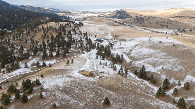 snowy aerial view featuring a mountain view