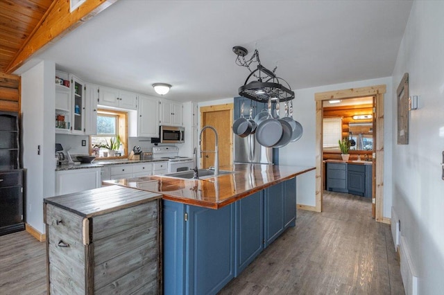 kitchen featuring sink, blue cabinetry, white cabinets, white range with electric cooktop, and an island with sink