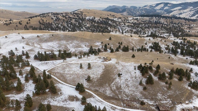 snowy aerial view featuring a mountain view