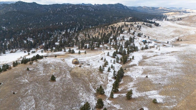 snowy aerial view with a mountain view