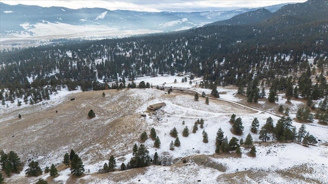 snowy aerial view featuring a mountain view