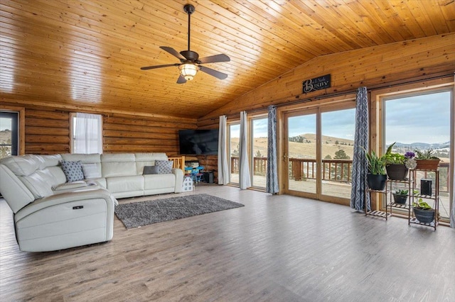 living room with hardwood / wood-style floors, lofted ceiling, ceiling fan, log walls, and wood ceiling