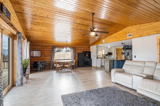 living room with a wood stove, vaulted ceiling, hardwood / wood-style flooring, log walls, and wood ceiling