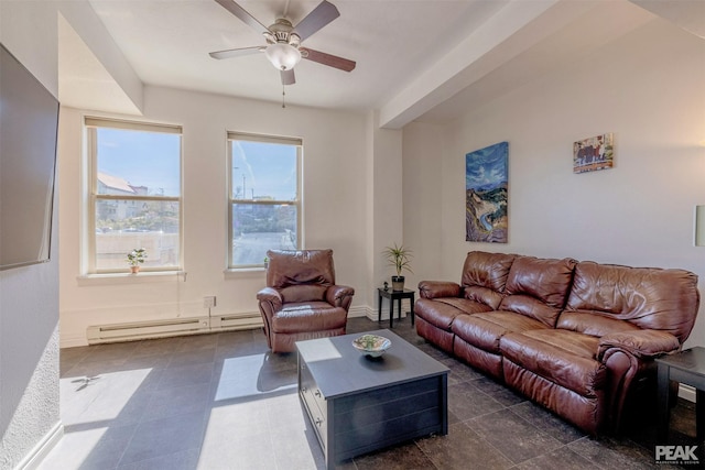 living room with ceiling fan and a baseboard heating unit