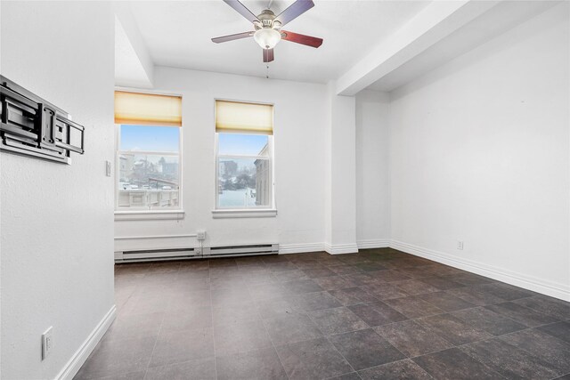 living room with baseboard heating, ceiling fan, and beam ceiling