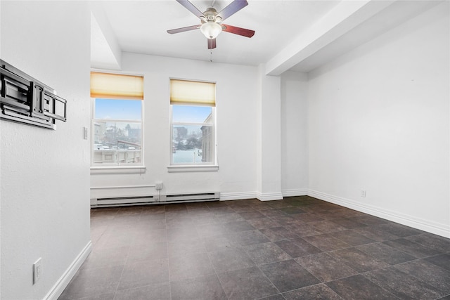 unfurnished room with a baseboard heating unit and ceiling fan