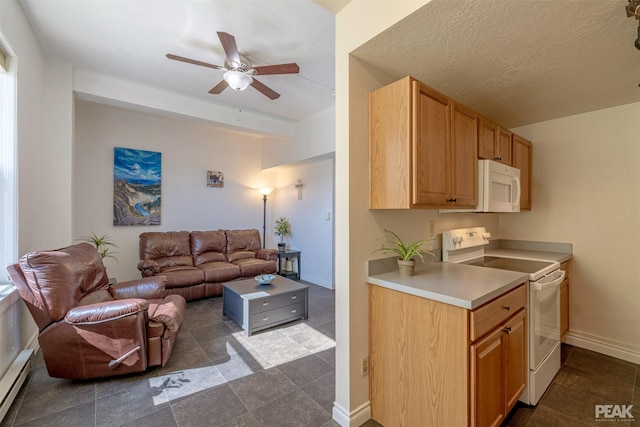 kitchen featuring ceiling fan, a textured ceiling, white appliances, and baseboard heating