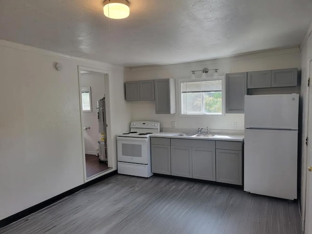 kitchen featuring gray cabinetry, white appliances, dark wood-type flooring, sink, and ornamental molding