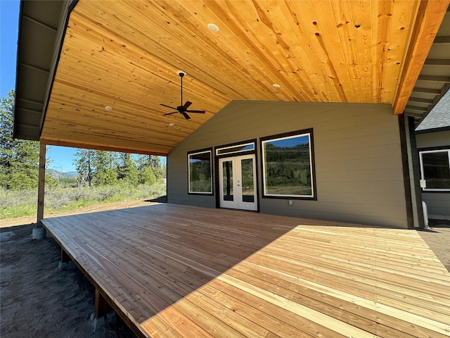 wooden deck with french doors and ceiling fan