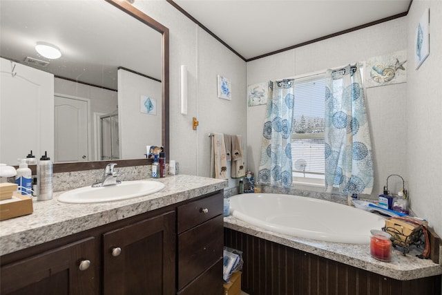 bathroom featuring vanity, separate shower and tub, and ornamental molding