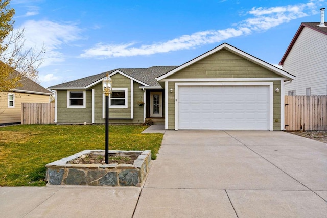 ranch-style home featuring a front yard and a garage