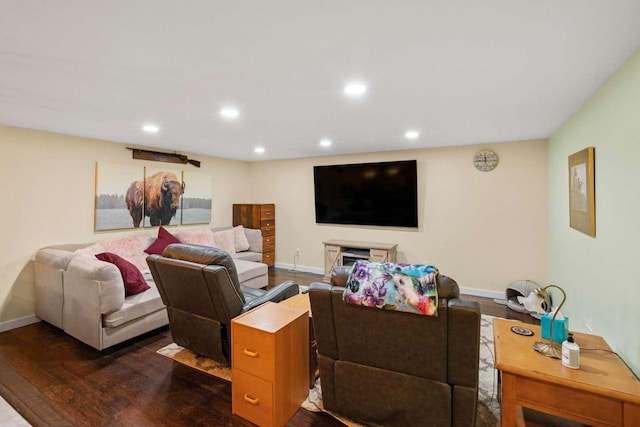 living room featuring dark wood-type flooring