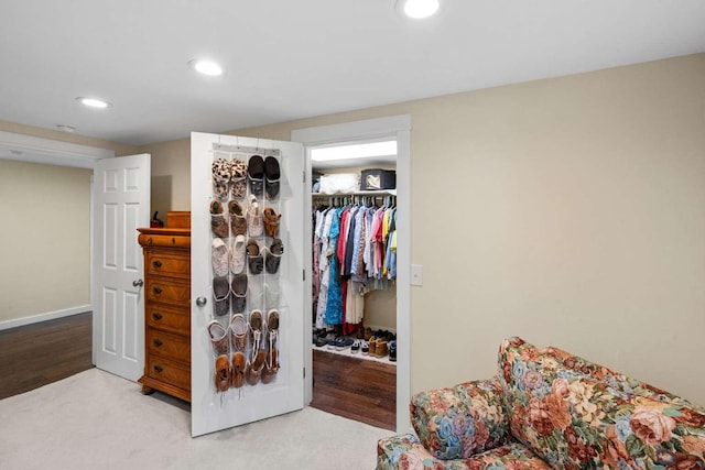 interior space with light carpet and a closet