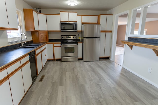 kitchen with white cabinets, visible vents, a sink, light wood-type flooring, and appliances with stainless steel finishes