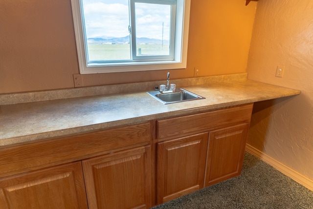 kitchen featuring a textured wall, light countertops, a sink, and carpet