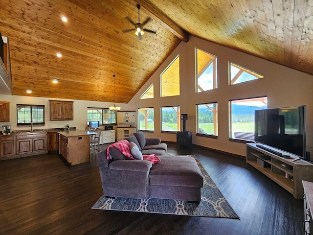 living room with high vaulted ceiling, sink, dark hardwood / wood-style floors, beamed ceiling, and wood ceiling