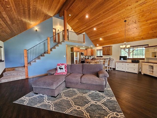 living room with high vaulted ceiling, an inviting chandelier, beamed ceiling, dark hardwood / wood-style flooring, and wood ceiling