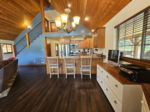 kitchen with kitchen peninsula, a kitchen breakfast bar, wood ceiling, stainless steel appliances, and sink