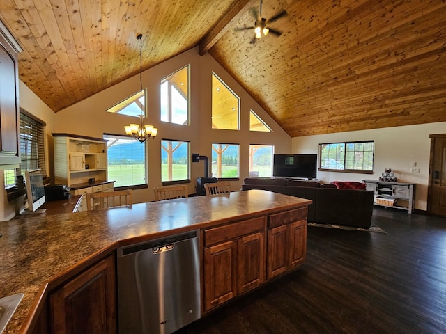 kitchen with beam ceiling, high vaulted ceiling, stainless steel dishwasher, dark hardwood / wood-style floors, and pendant lighting