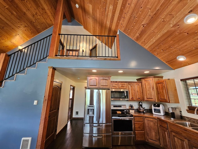 kitchen with dark wood-type flooring, sink, beamed ceiling, wood ceiling, and stainless steel appliances